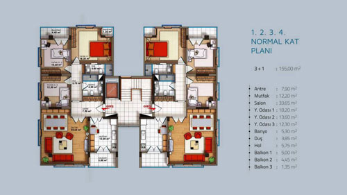 VISTA KONAKLARI 3+1 155 m² 1-2-3-4 Kat Planı